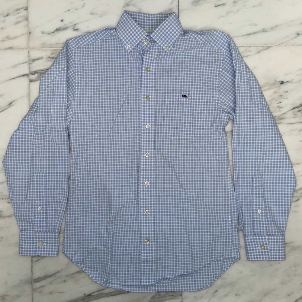 Vineyard Vines Tucker Shirt in Blue & White Gingham, Boys Size XS